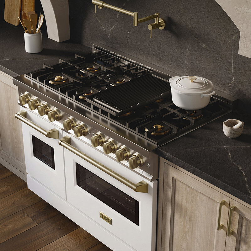 ZLINE Autograph 48 in. Classic Gas Range with 8 DuoPro Burners & White Doors w/ Bronze Accents, Natural Gas/Liquid Propane
