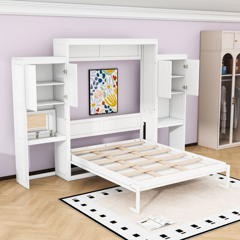 Queen Murphy Bed with Desk and Cabinets, White