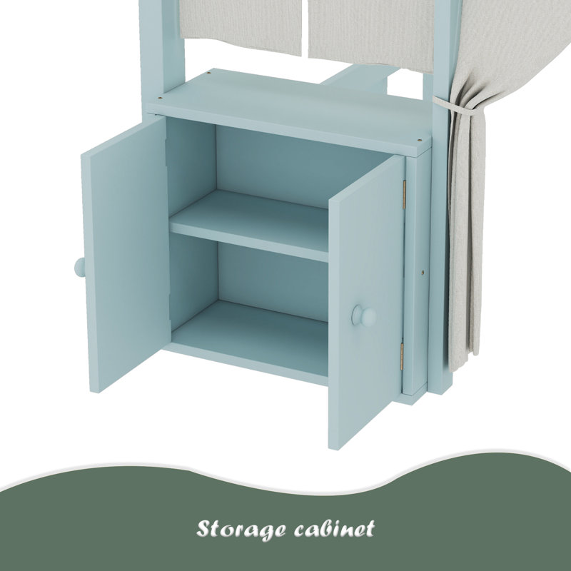 Loft Bed With Built-In Bookshelf, Curtain, And Storage Shelf Amusement Park-Inspired Playful Design Safety Guardrails, Blue