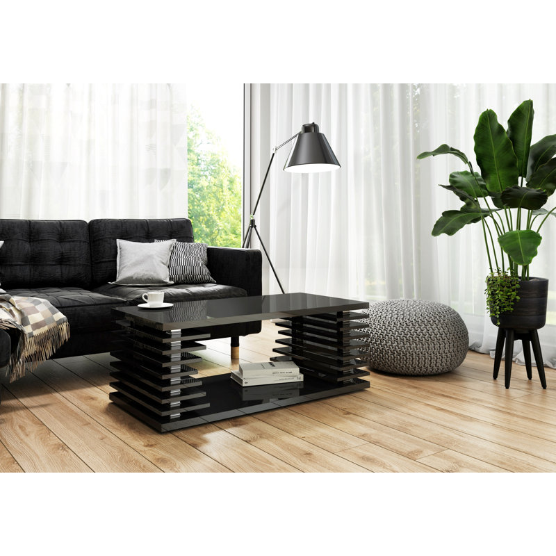 Lorenzo Floor Shelf Coffee Table with Storage, Black Gloss