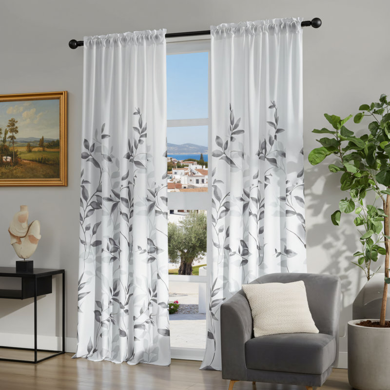 Opaque Light Gray-White Privacy Sheer Curtains, 52X84 Inches, Two-Piece Set, Leaf And Floral Print, Semi-Transparent, Suitable For Bedrooms And Living Rooms.