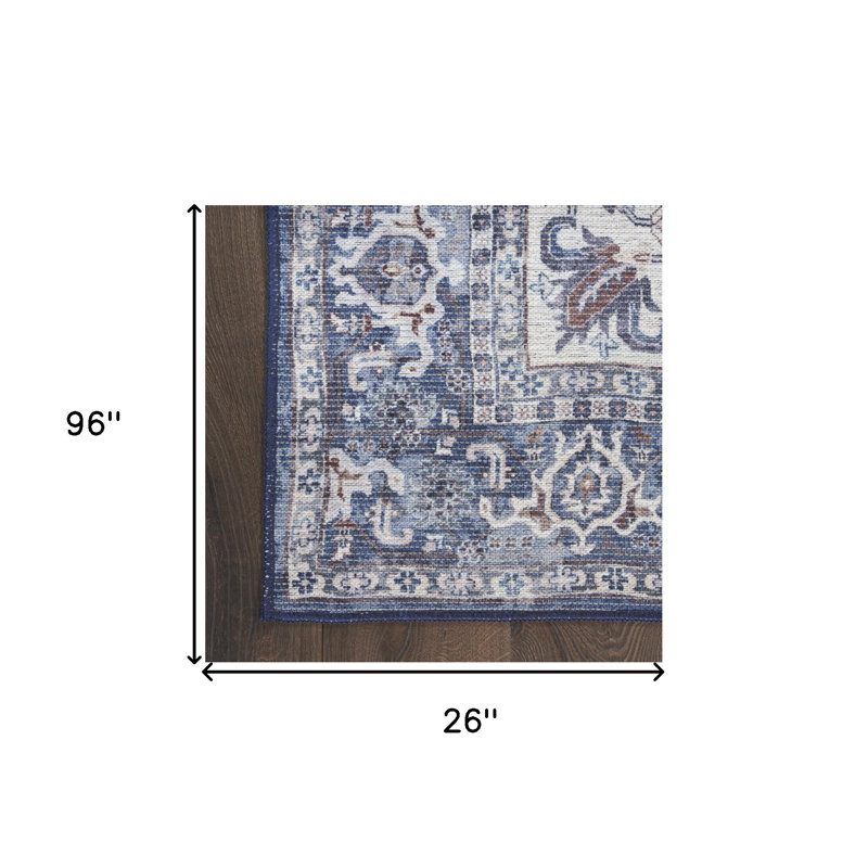 8' Blue And Ivory Floral Power Loom Distressed Washable Runner Rug