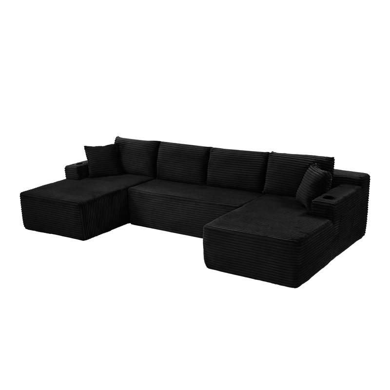 Ensemble de canapé modulaire en forme de U en chenille noire Corduroy, canapé modulaire minimaliste - Canapé en nuage pour le salon