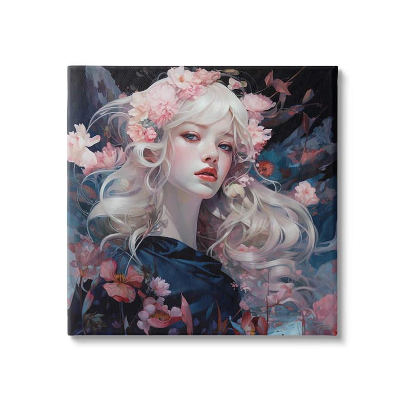 Fille avec des iris roses, art mural sur toile par Rb, H 24 po x l 24 po