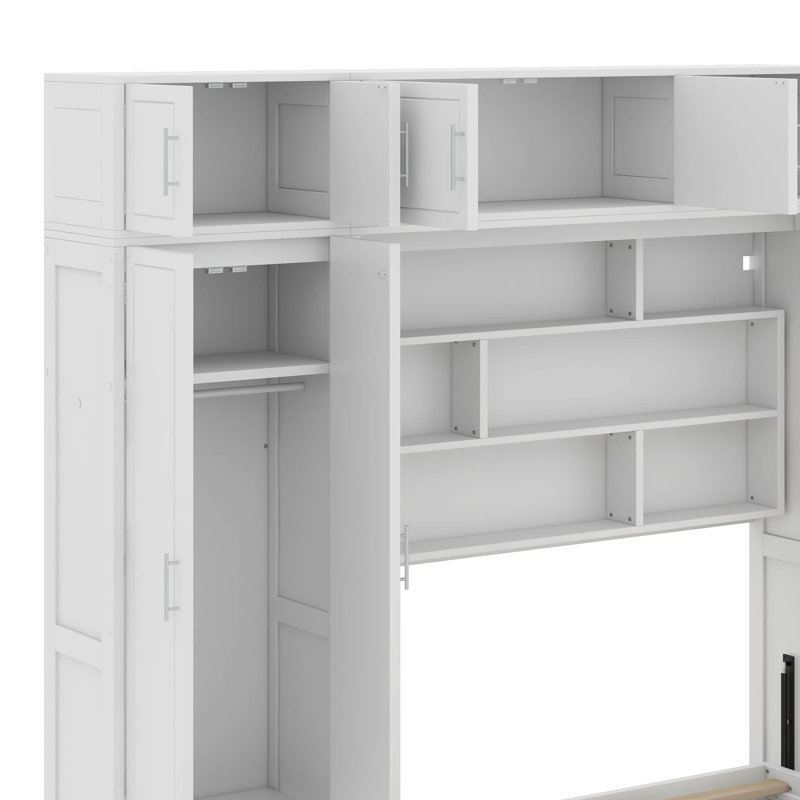 Grand lit escamotable mural avec armoire supérieure, tablettes et garde-robe, Blanc