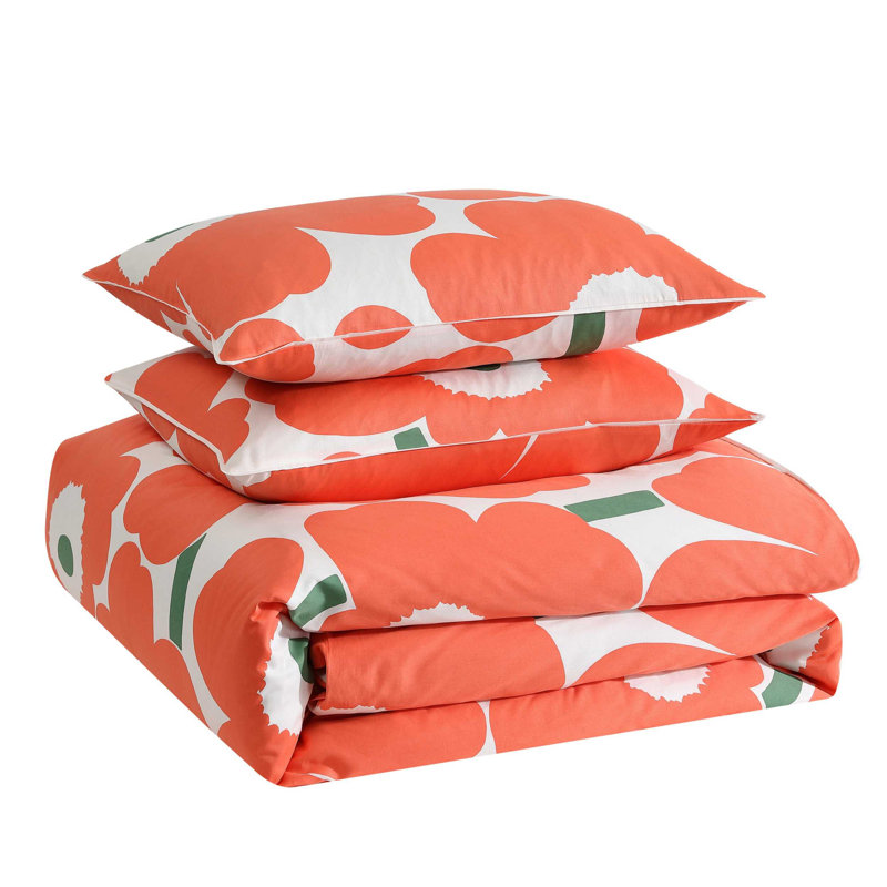 Unikko Orange/Green/White Organic Cotton Duvet Cover Set, King Duvet Cover + 2 King Shams, Orange/Green/White