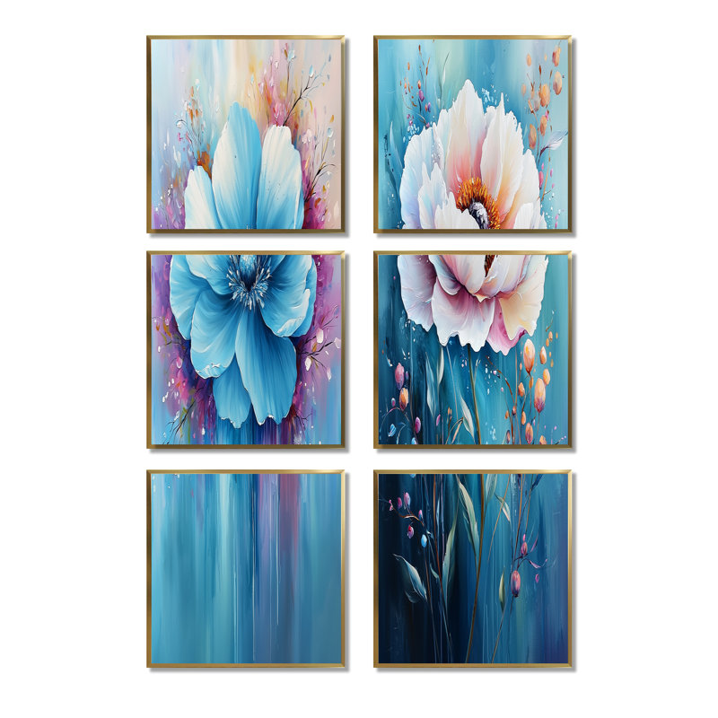 Radiance sous l'eau moderne pivoines aqua - ensemble de 6 décorations murales abstraites, Toile tendue, Ne s’applique pas