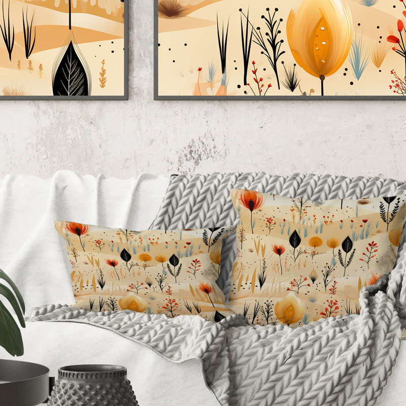 Beige Meadow Flowers Boho Pattern - Floral Printed Pillow