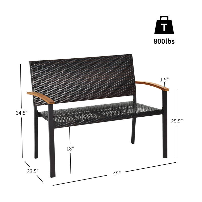 Outdoor Black Rattan and Acacia Wood Loveseat Bench