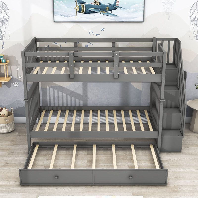 Disdier Kids Twin Over Twin Bunk Bed with Trundle, Gray