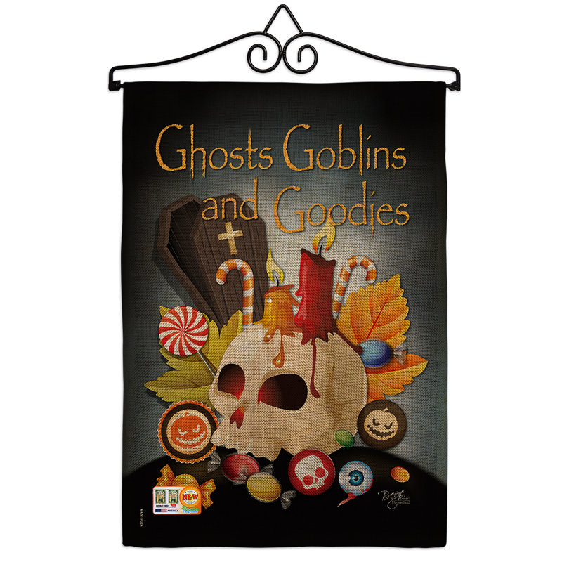 Ghosts goblins et goodies en toile jute à 2 côtés 13 x 18,5 po drapeau de jardin