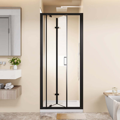 Porte de douche à double pivot pliable noire, 30 po x 72 po, conception pliante et peu encombrante, verre trempé transparent de 1/4 po, fixation réversible, poignée en acier inoxydable