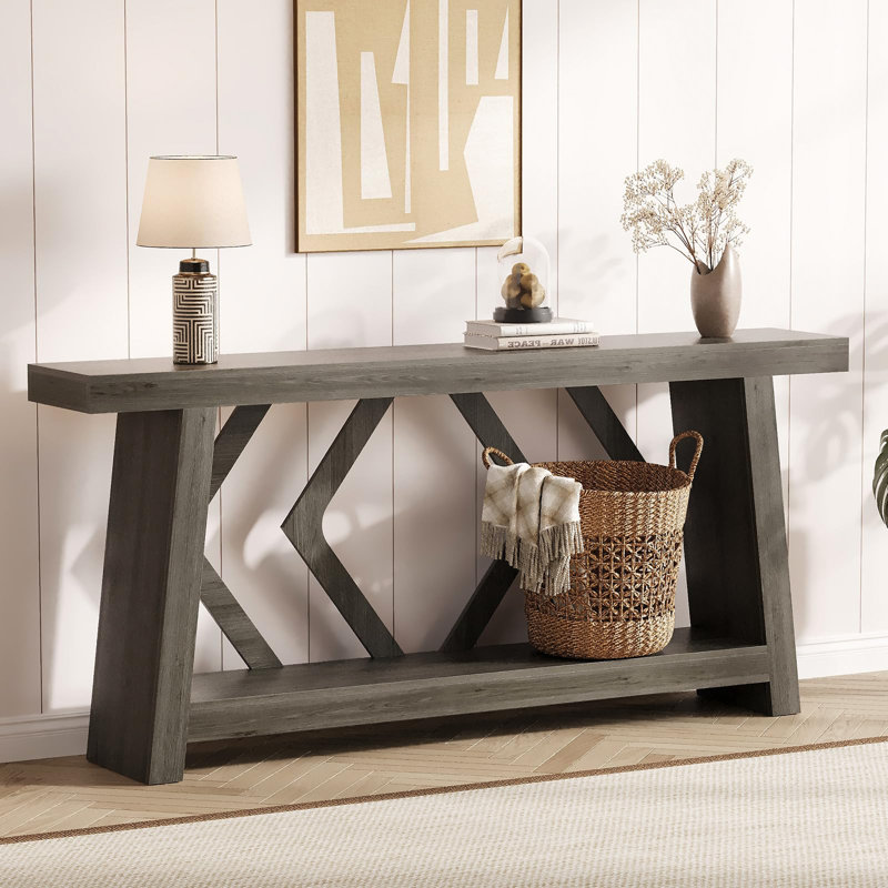 Table de bout 70,9 po à 2 niveaux avec deux pieds trapézoïdaux pour l'entrée, Gris