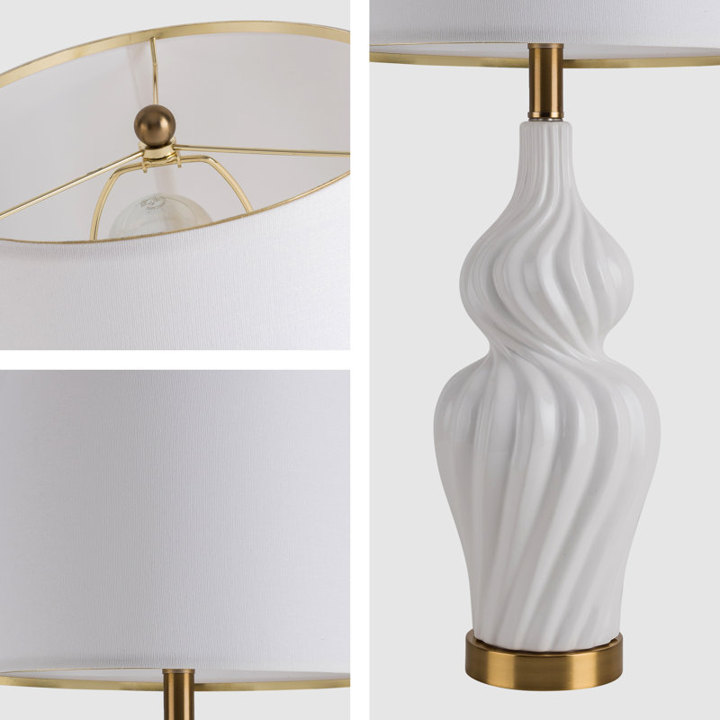 Set of 2 White Ceramic Bedside Lamps with Linen Drum Shades
