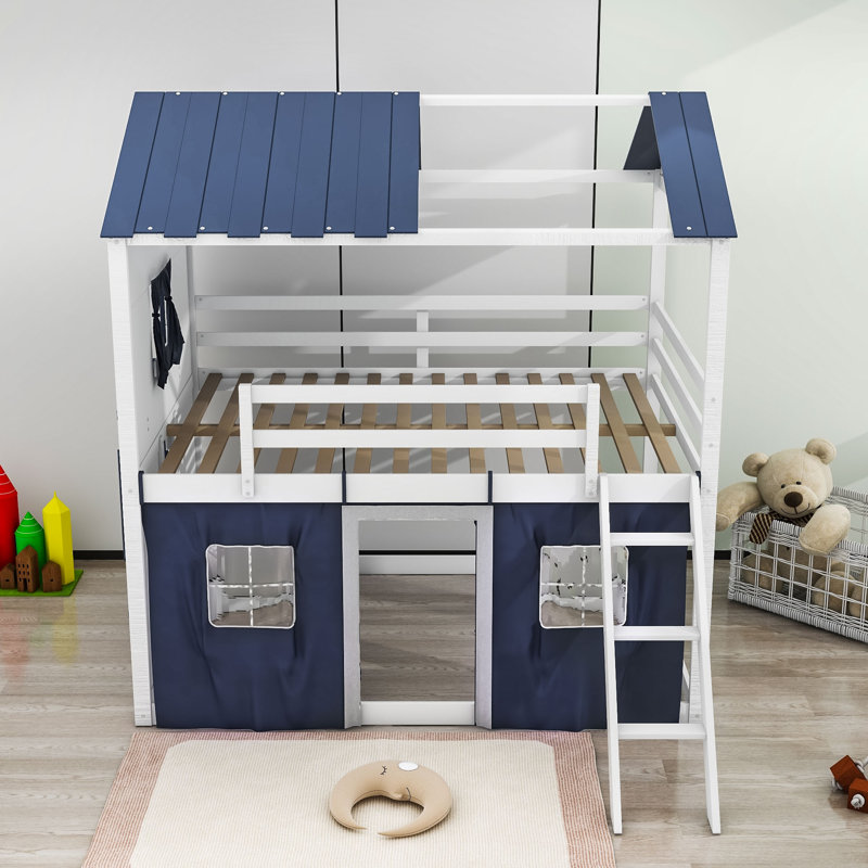Thorin Wood Bunk Bed with Tent and Windows, Full over Full, Blue/White