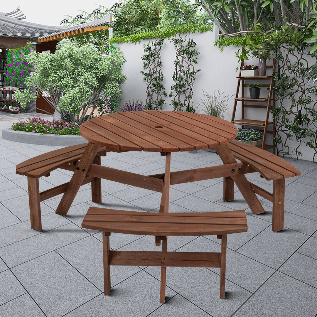 Anamur 66.9'' Outdoor Picnic Table with 3 Integrated Benches, Round Outdoor Table with Umbrella Hole Red Barrel Studio® 