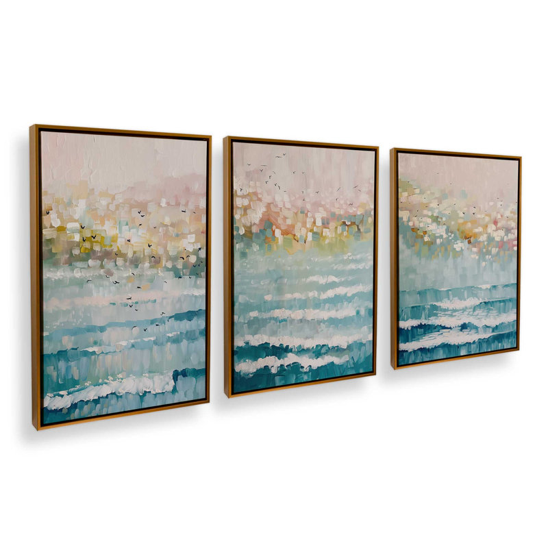 Ensemble de 3 impressions Seaside Sunrise Drift, 48 po x 32 po, Cadre flottant or poli