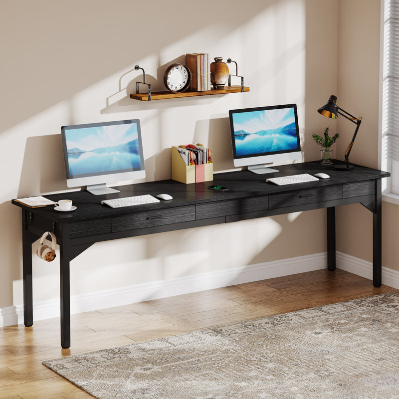 Black Engineered Wood Double Desk with Drawers