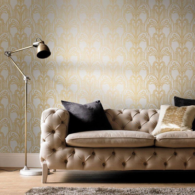 Damask Metallic Wallpaper Roll, Gold/Pearl