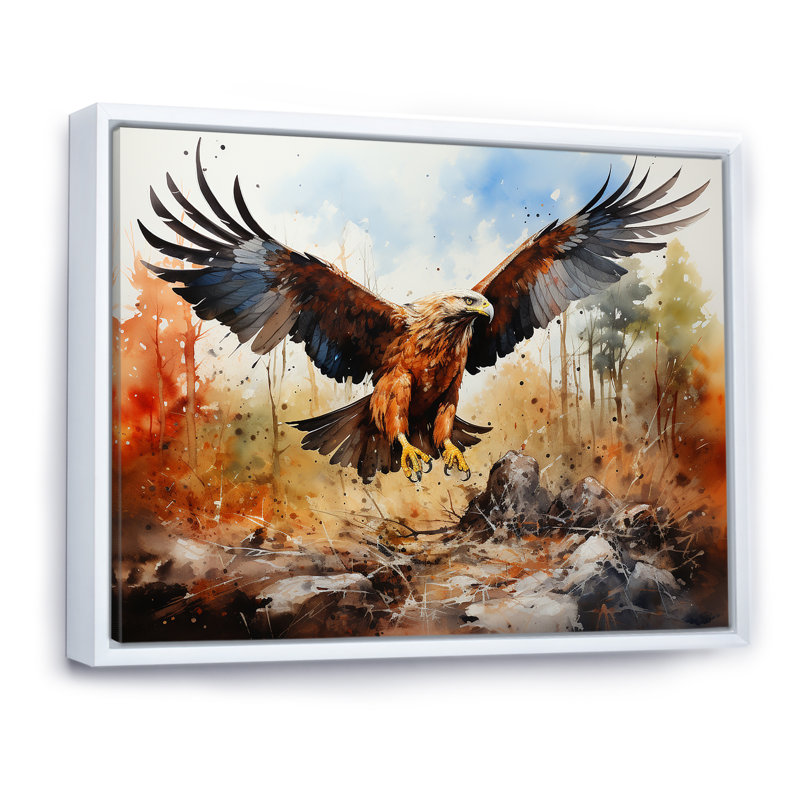 Aigle en vol chasse sur toile, Cadre flottant blanc, H 24 po x l 32 po x P 1 po