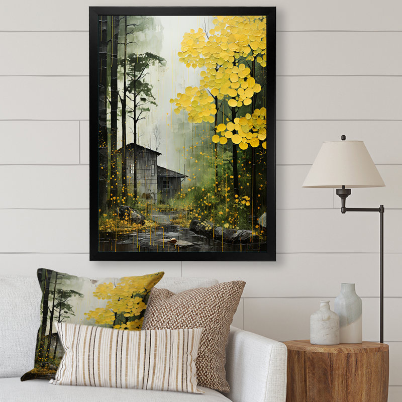 «Yellow Trees Verdant Canopy Patchwork» - Décoration murale chalet, H 32 po x l 24 po x P 1 po, Cadre photo noir