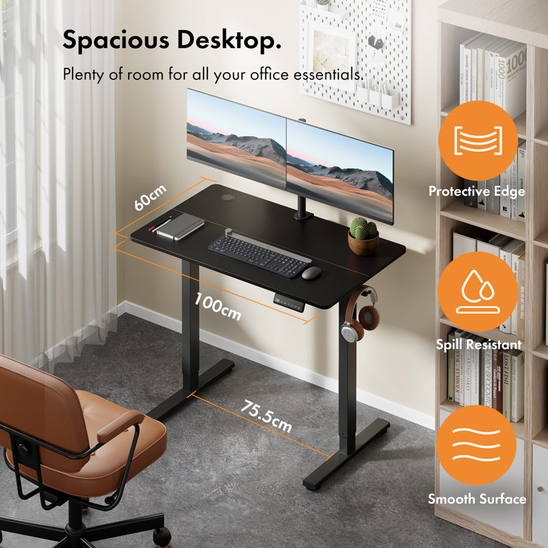 Adjustable Height Steel Standing Desk, 100 W x 60 D, Black/Black