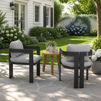 Aluminum Outdoor Patio Dining Chair with Grey Cushion, Set of 2, Black