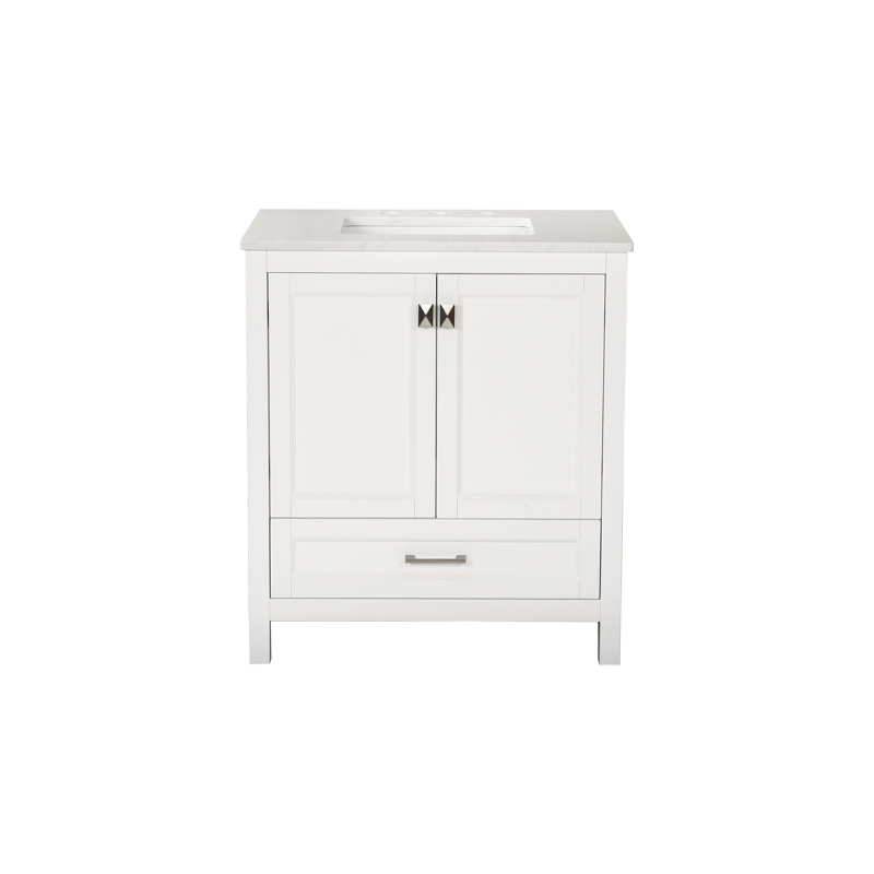 Meuble-lavabo de 30 po avec comptoir en marbre, armoire en bois massif blanc. Portes de style moderne à fermeture en douceur. Conception entièrement assemblée 24V03-30Wh,