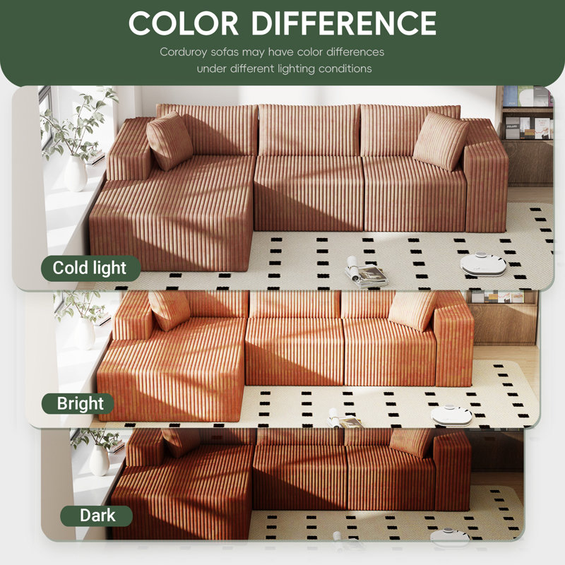 110" Cloudy Corduroy Frameless Boneless Modular Sectional Sofa With L-Shape Chaise, Deep Seat Boneless Couch, No Assembly Required, Modern Lounge Sofa