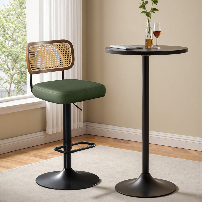 Adjustable Height 360° Swivel Bar Stools With Rattan Backrest, Green