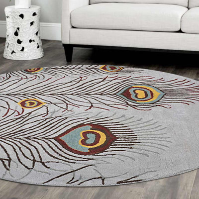 Tapis en laine touffetés à la main écologiques - forme ronde, argent, design moderne contemporain, tapis à poils longs faits à la main pour salon, chambre à coucher