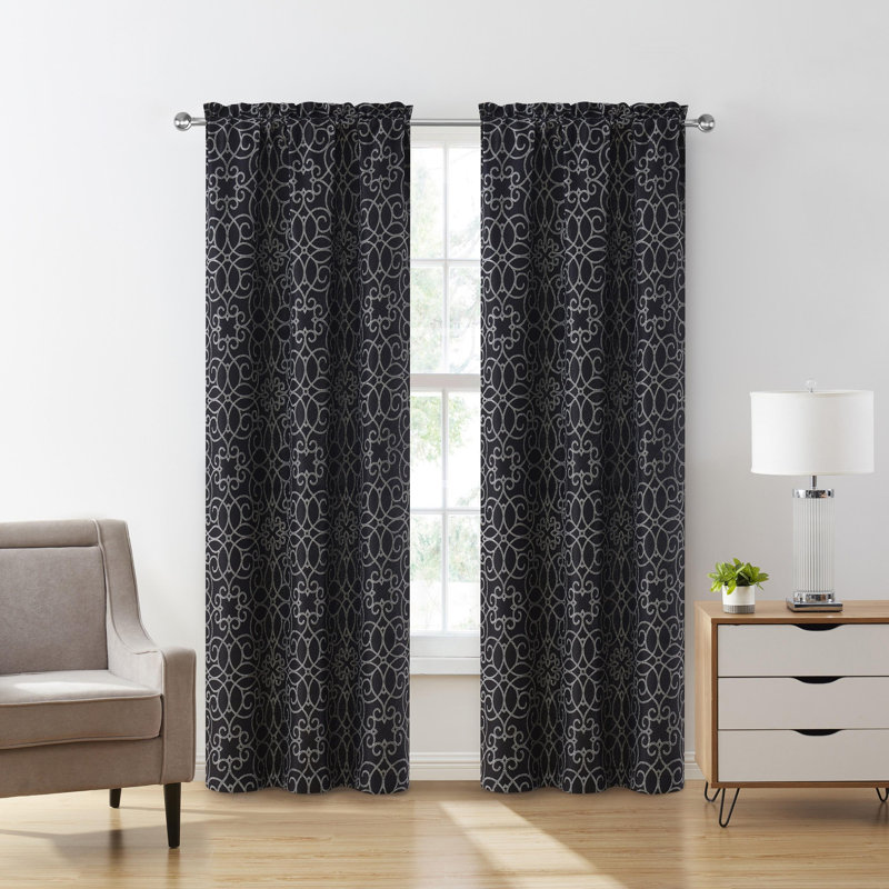 Versailles Scroll Rod Pocket Blackout Curtain Panel, Black