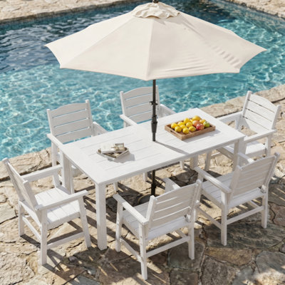 Ensemble de salle à manger de patio pour 6 personnes toutes saisons Ensemble de table d'extérieur et chaises de haute qualité avec trou pour parasol et cadre en aluminium pour l'extérieur pour la cour, le jardin, la terrasse, le bord de la piscine, blanc