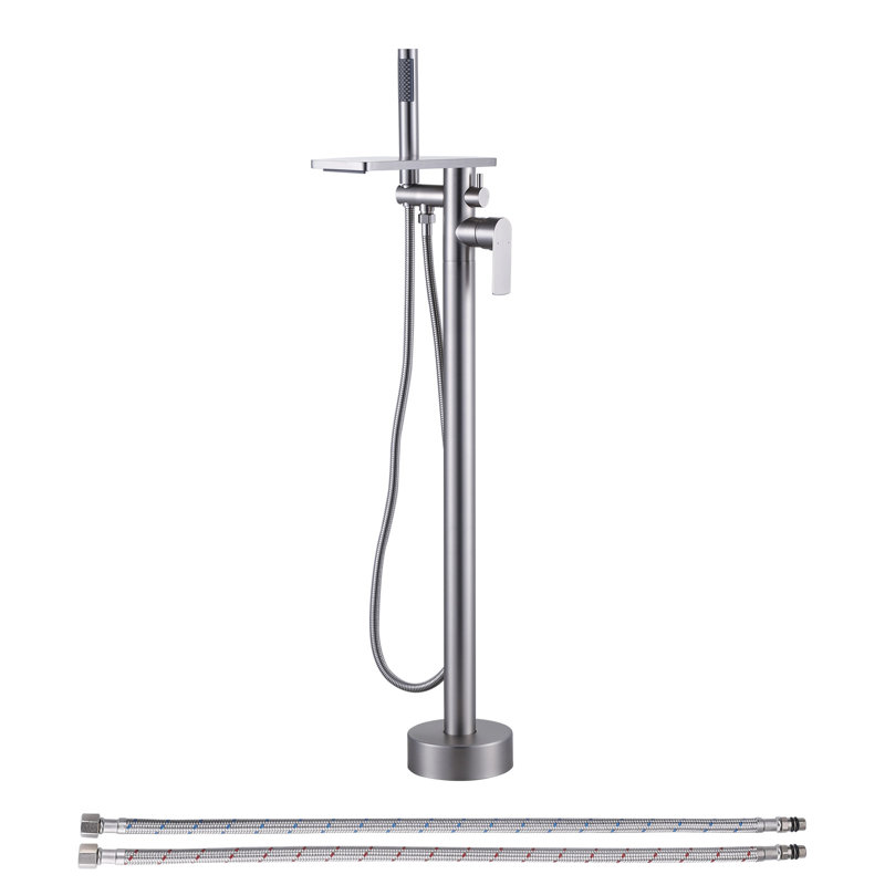 Waterfall Single Handle Floor Mount Freestanding Tub Filler Brass Bathtub Faucet With Handheld Shower And Hose