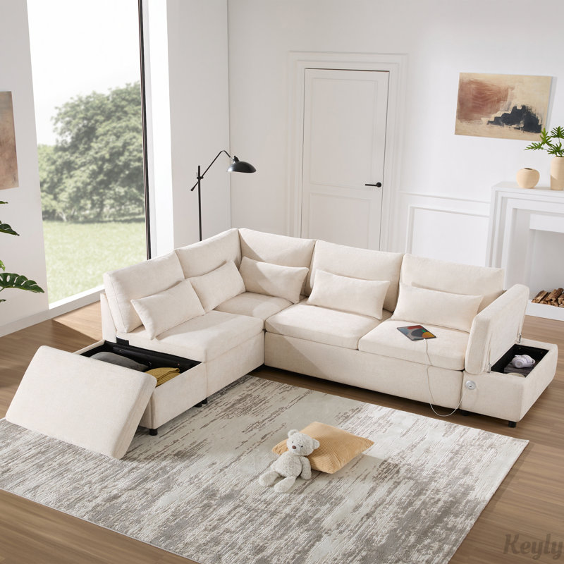 Canapé-lit modulaire de 107 po avec canapé-lit, accoudoirs réglables en forme de L, charge USB et de type C, repose-pieds avec rangement à mouvement libre, combinaison libre pour le salon et l’appartement, chenille