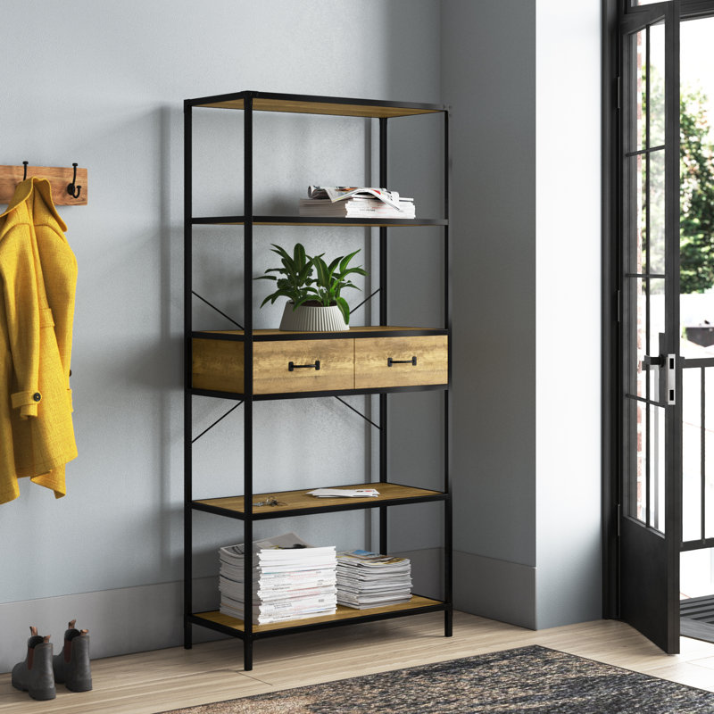 68.5" H x 31.5" W 5-Tier Etagere Bookcase with 2 Drawers, Black Metal Frame