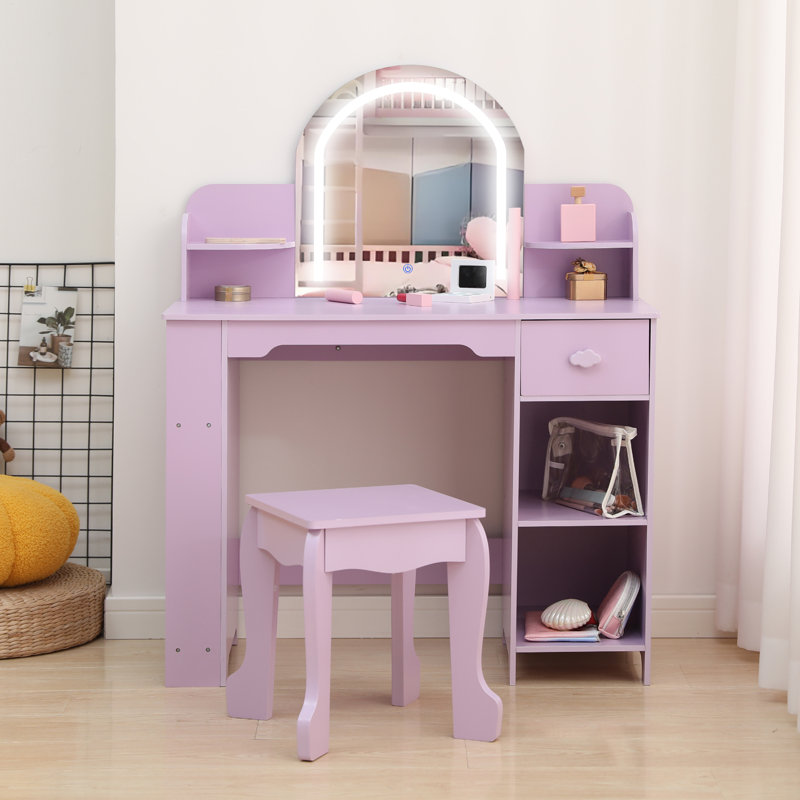 Kids Vanity Set with Lighted Mirror and Stool, 2-in-1 Makeup Table with Drawer, Bookshelf, and Open Shelves for Girls Ages 3–9