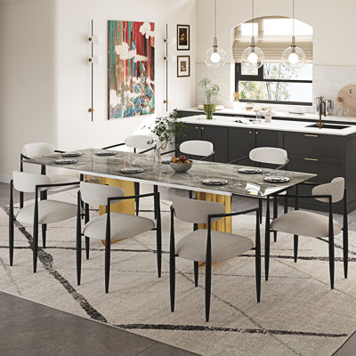 Ensemble de table de salle à manger 9 pièces avec table de salle à manger extensible en fritté de 94,5 po avec 8 chaises en tissu