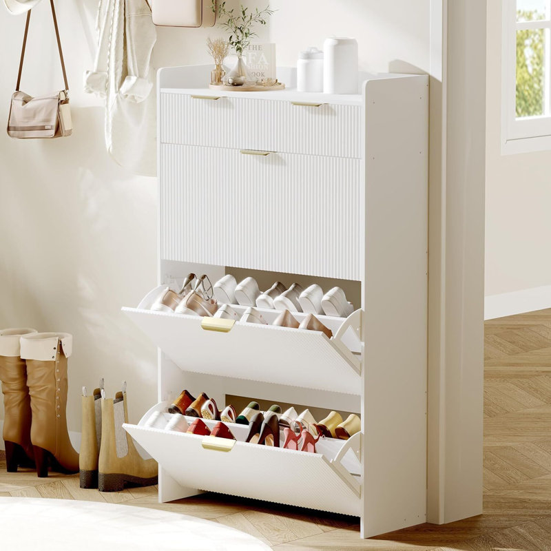 Wave Design Slim Shoe Cabinet with 3 Flip Drawers & 2 Top Drawers – Entryway Organizer with Side Hook and Raised Tabletop