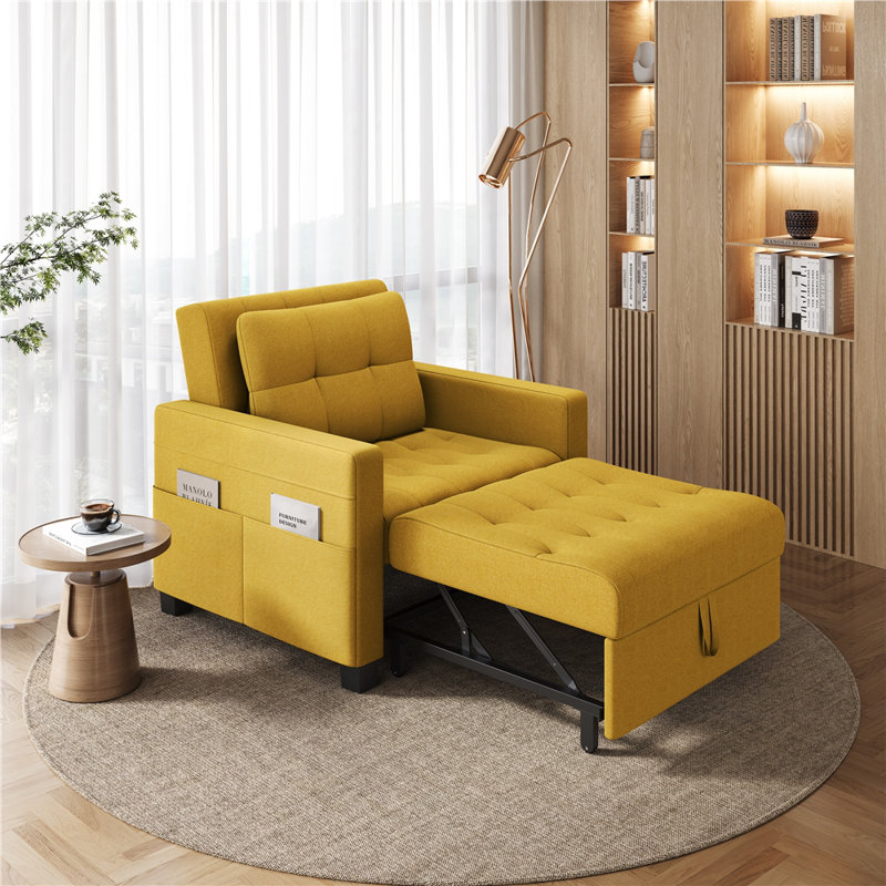 3-in-1 Convertible Sleeper Accent Chair Bed with Adjustable Backrest & Back Pillow, Yellow