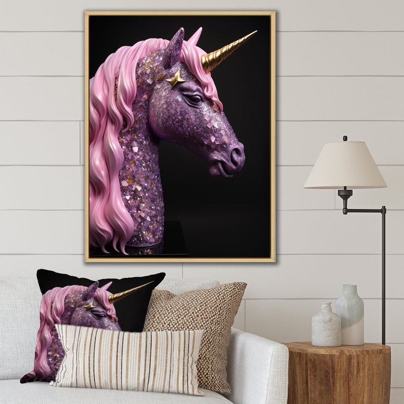 Portrait de licorne glam rose avec corne d'or I sur toile, H 20 po x l 12 po x P 1 po, Cadre flottant brun