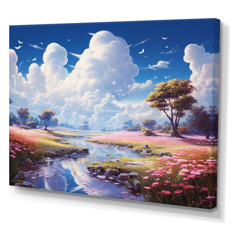 «White Clouds Vibrant Blue Sky Pink Meadows» sur toile, 12" H x 20" W, Toile tendue