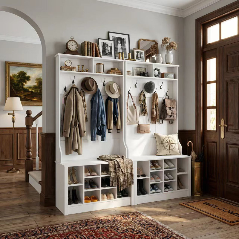 Bettymae 78.8” Wide Hall Tree with Hooks, Bench & Shoe Storage, White