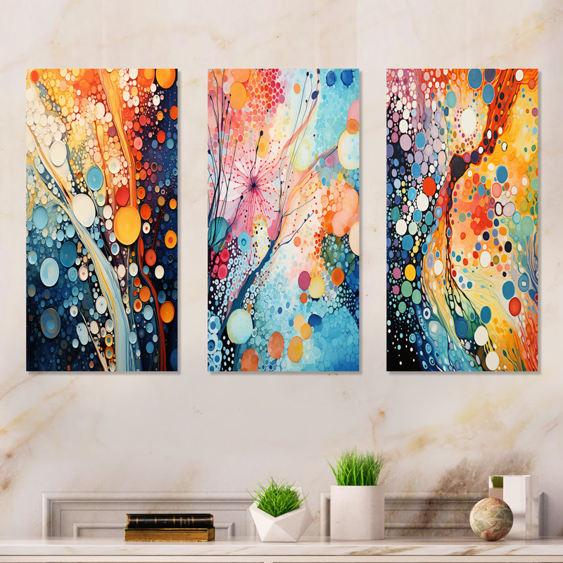 Colourful Colorful River Microscopic Fantasia I - Formes abstraites, ensemble de 3 décorations murales en métal