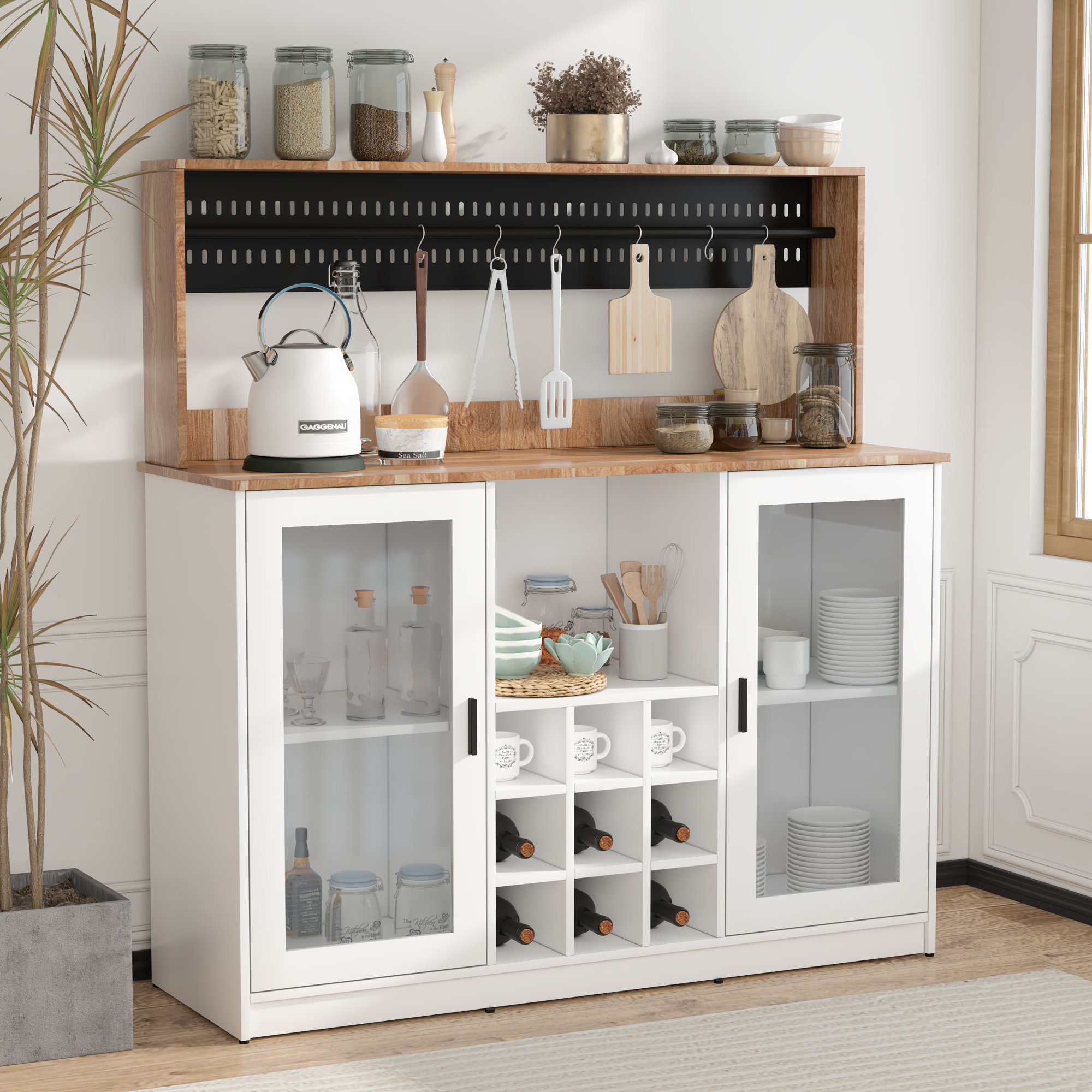 Winston Porter Joshelyn Bar Cabinet, Kitchen Buffet Storage Cabinet with  Hooks  Reviews Wayfair