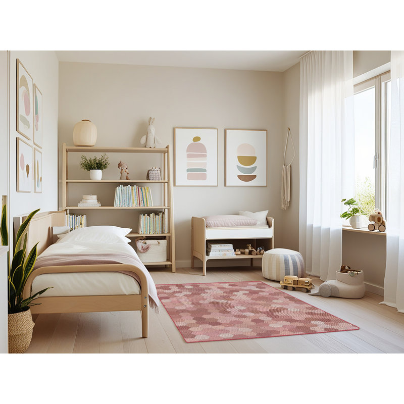 Tapis brun à motifs/zone rose pâle, Rectangle 4 pi x 6 pi