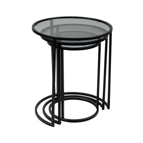 Alya Round Black Metal and Glass Nesting Tables, Set of 3