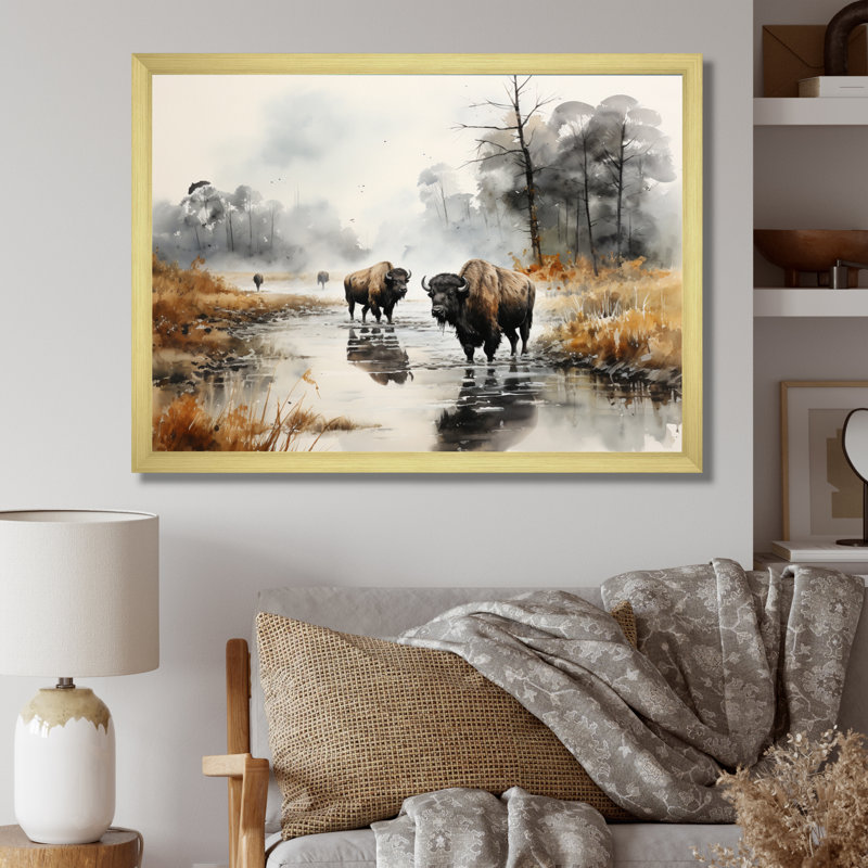 «Gray Buffalo Misty Morning Grazing II», reproductions sur toile d'animaux, H 12 po x l 20 po x P 1 po