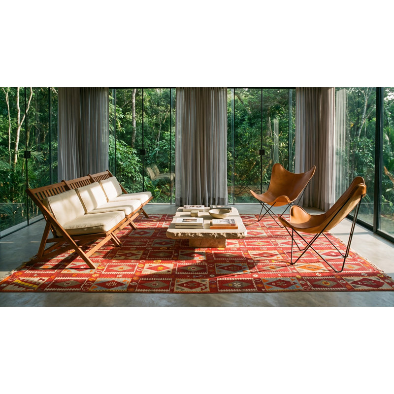 Graphic Tribal Geometric Antique Red Turkish Kilim Flatweave Rug