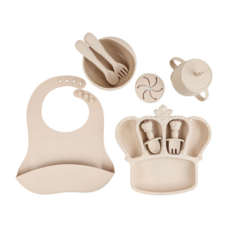 9Pcs Ensemble de biberons en silicone avec bols à ventouses et assiettes divisées, Thé au lait